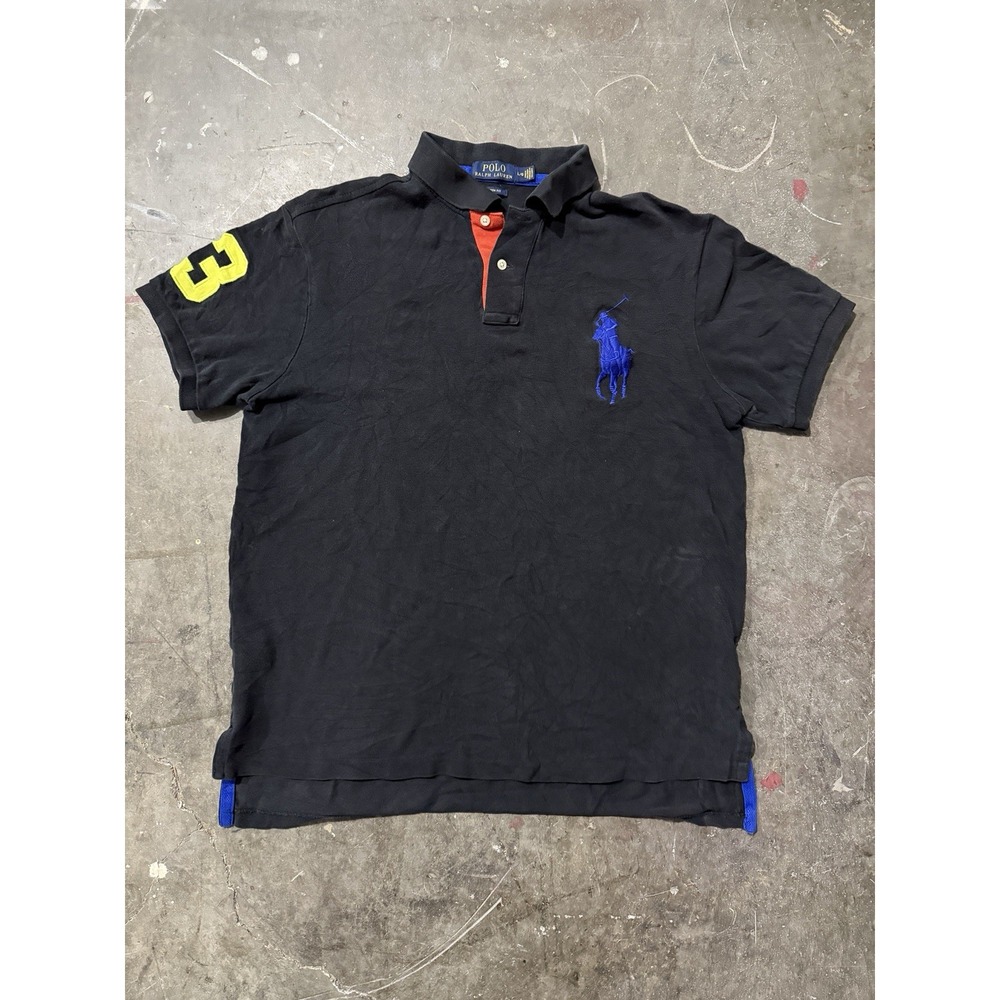 Polo Ralph Lauren Polo Shirt Mens Large Black Big Pony 3 Patch Custom Fit Logo